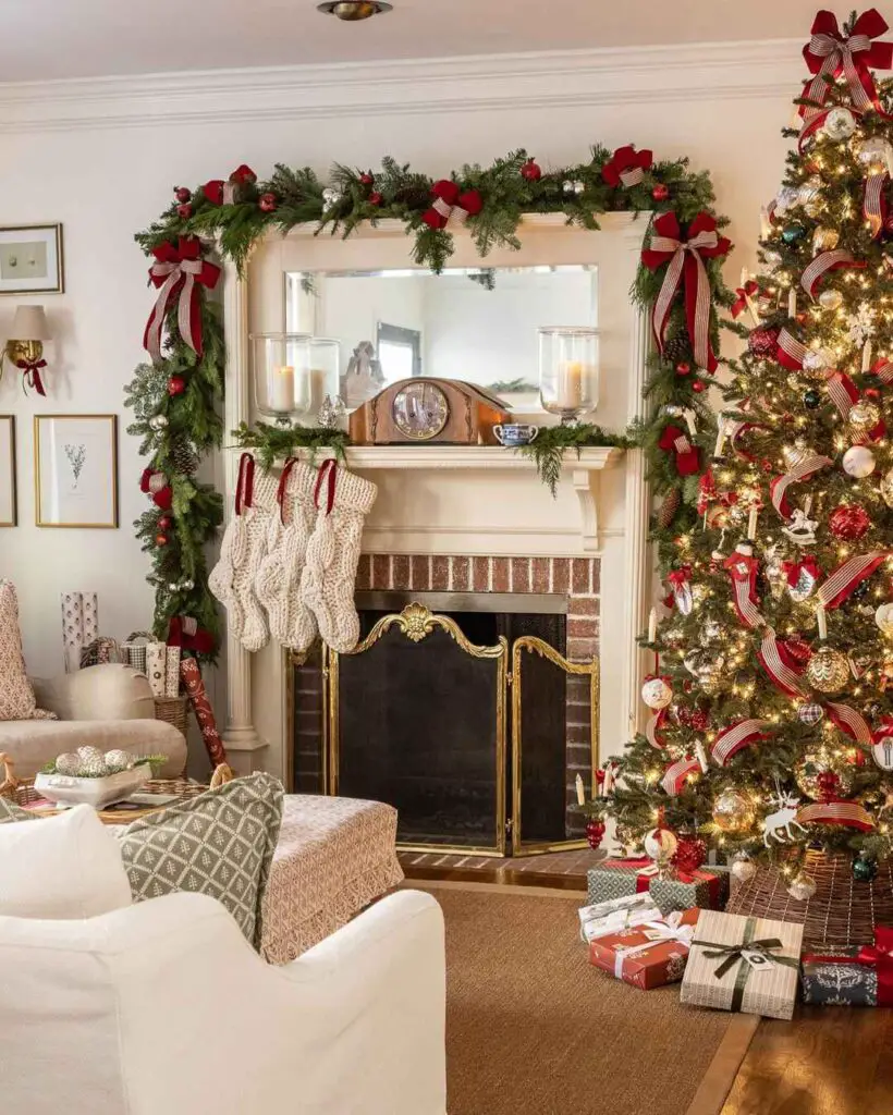 Elegant living room with decorated Christmas tree, garland-adorned fireplace, and wrapped presents