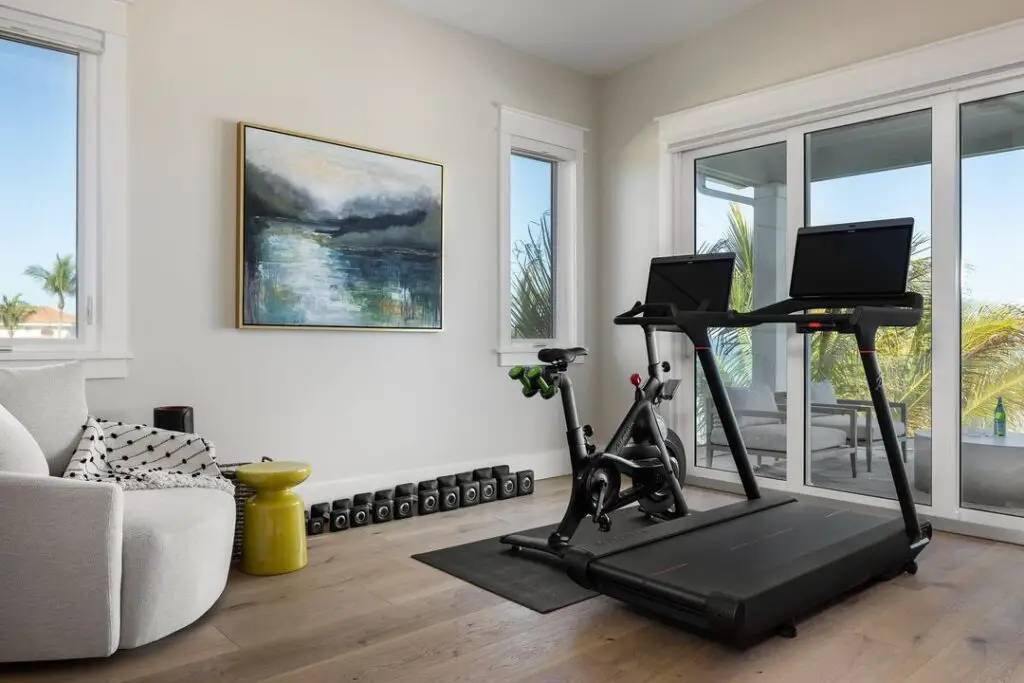 Beachside living room with exercise equipment