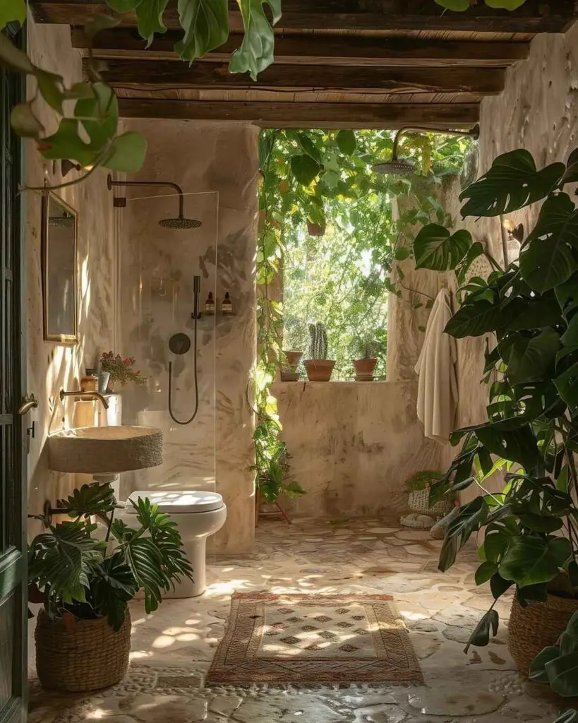 Natural bathroom with stone walls plants and outdoor shower