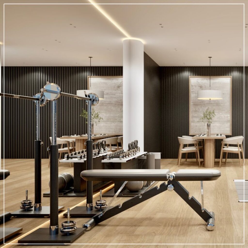 Luxurious home gym area seamlessly integrated with elegant dining space