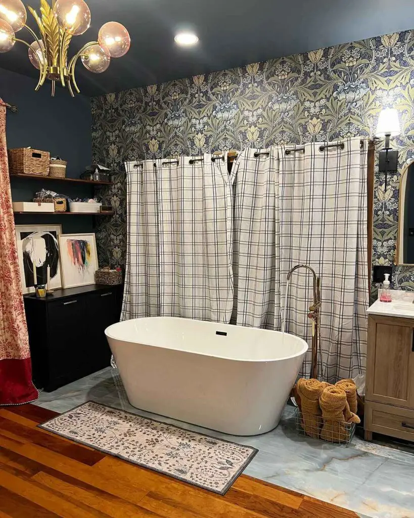 Luxe bohemian bathroom with freestanding tub