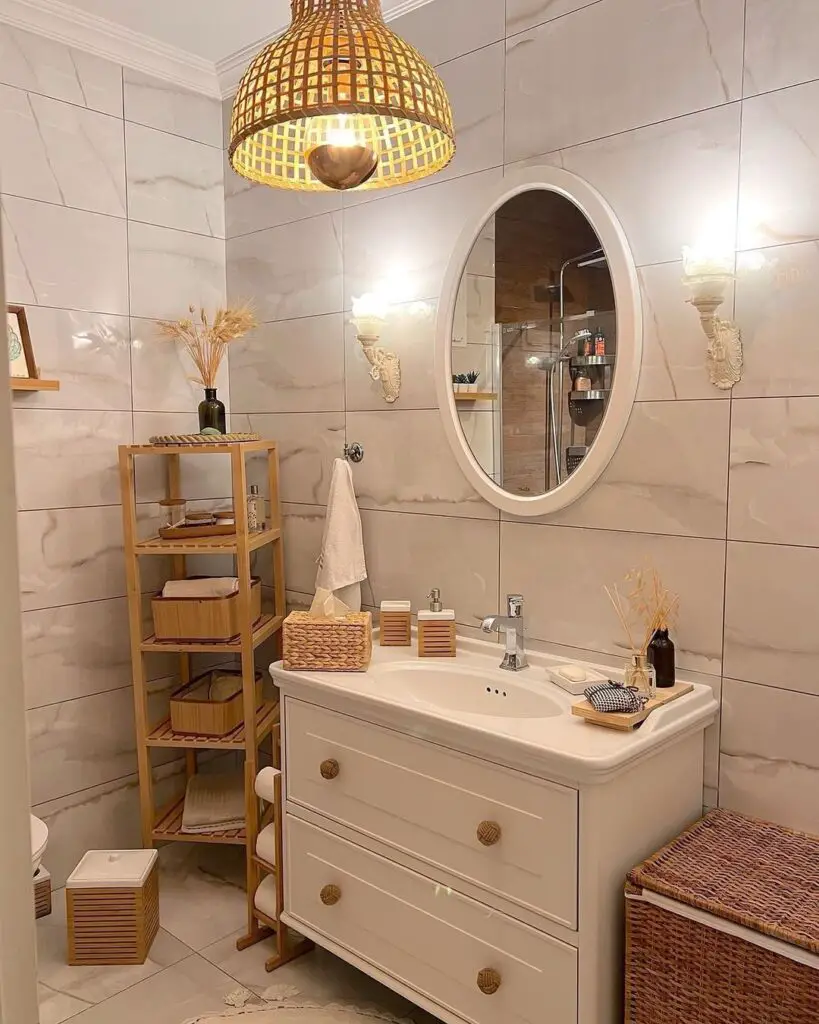 Bathroom with woven lamp and fall decor