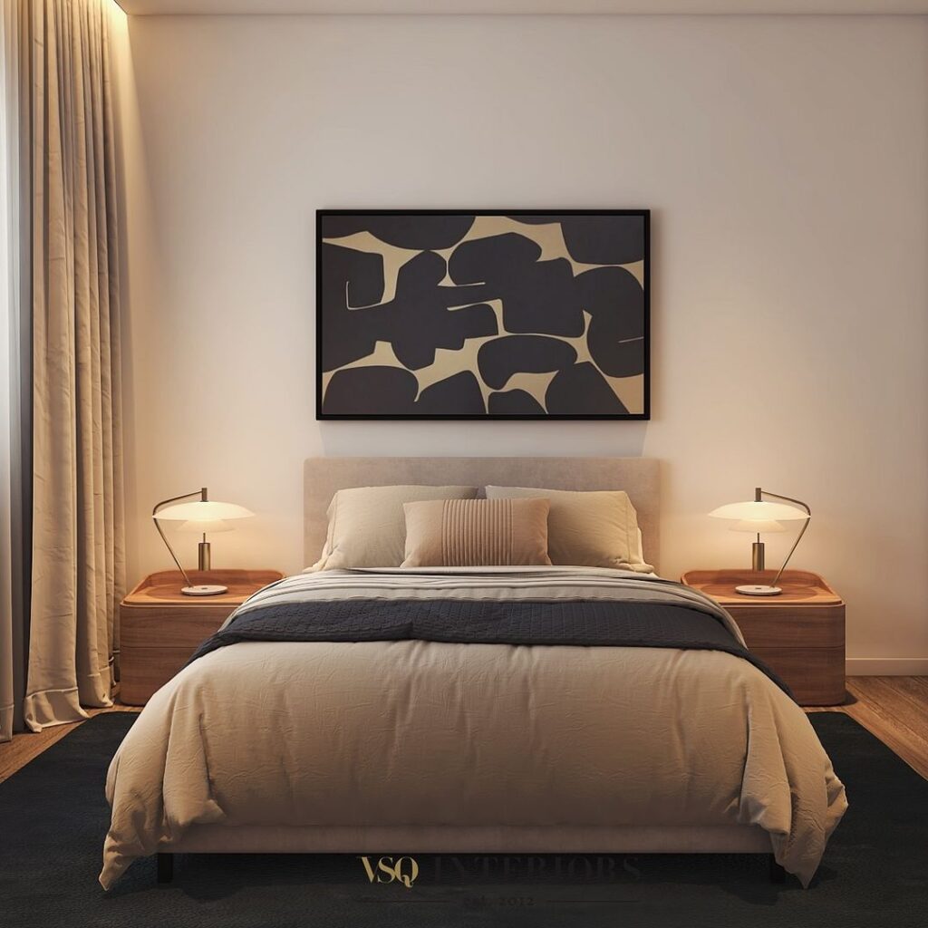 Bedroom with abstract art and neutral color scheme
