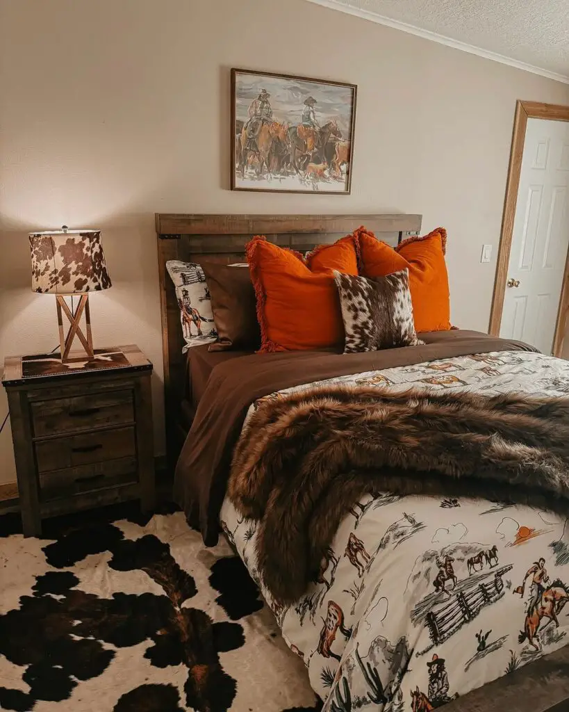 Western themed bedroom with cowboy decor and fall colors