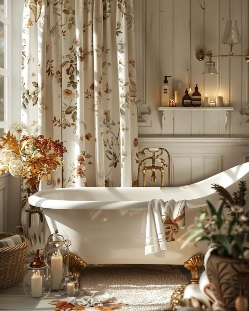 Decorated bathroom featuring colorful curtain and fall wreath.