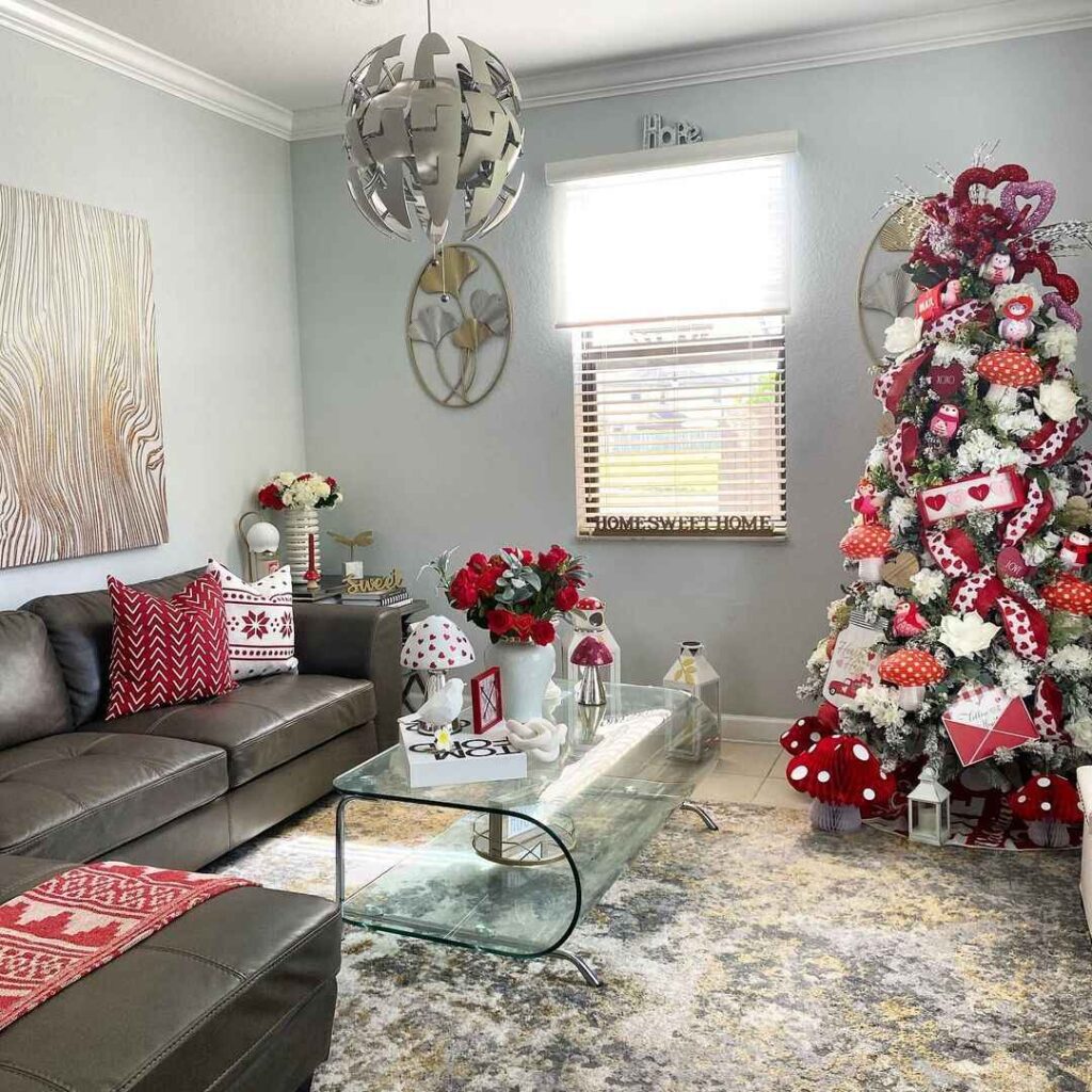 Living room with red-white Christmas tree and festive decor