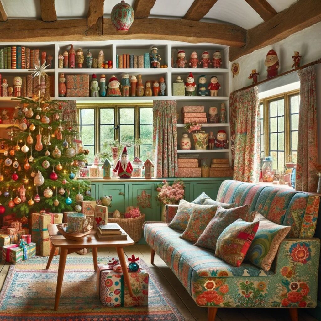 Colorful vintage-inspired living room with Christmas tree, packed bookshelves, and eclectic decorations