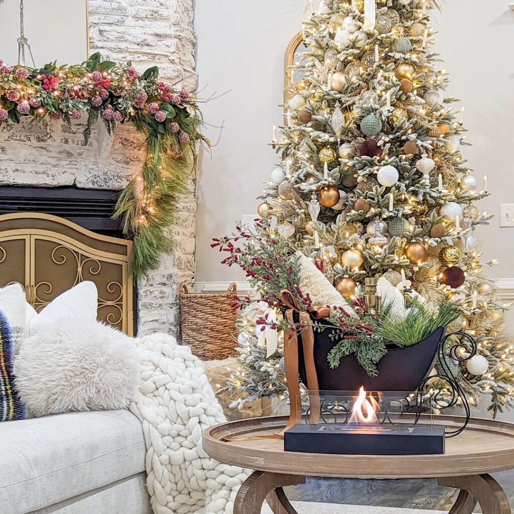 Luxurious living area with ornately decorated Christmas tree, floral arrangements