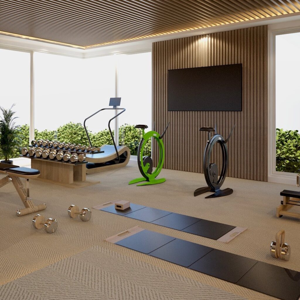 Luxurious home gym with exercise equipment and indoor plants