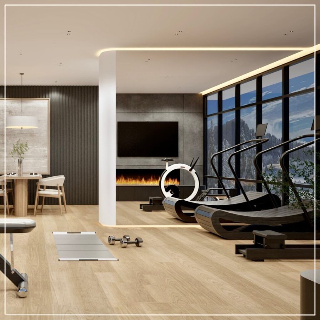 Luxurious home gym with mountain views, fireplace, and modern equipment