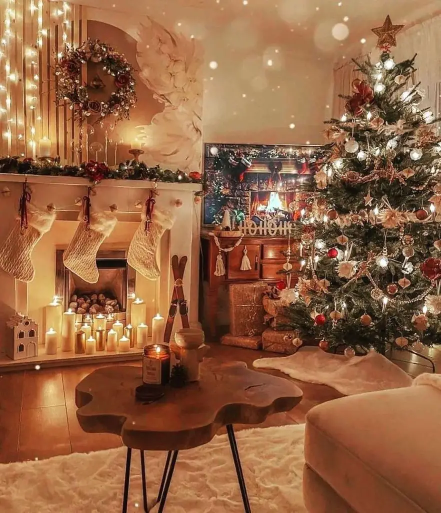 Festive fireplace with Christmas tree and decorations
