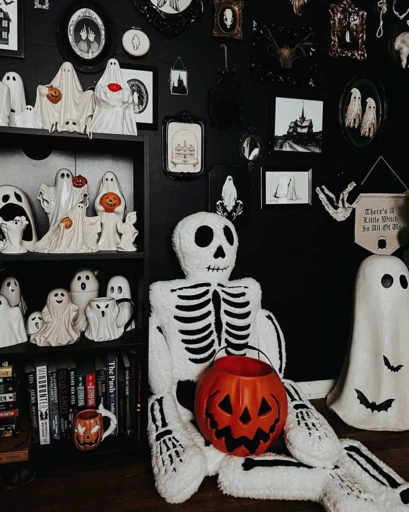 Gothic Halloween gallery with skeleton centerpiece