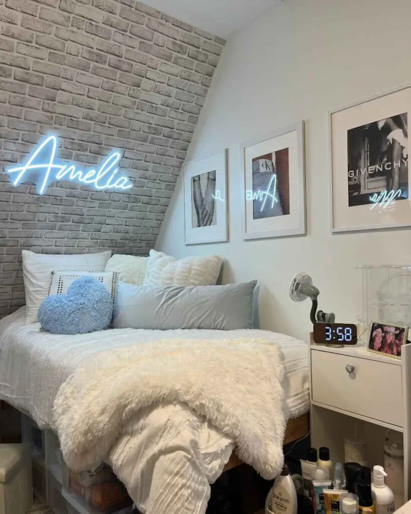 Trendy dorm room with neon name sign