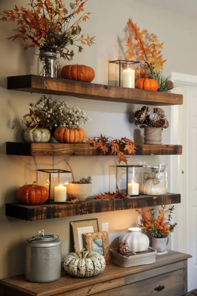 Floating wooden shelves decorated with pumpkins candles and fall foliage