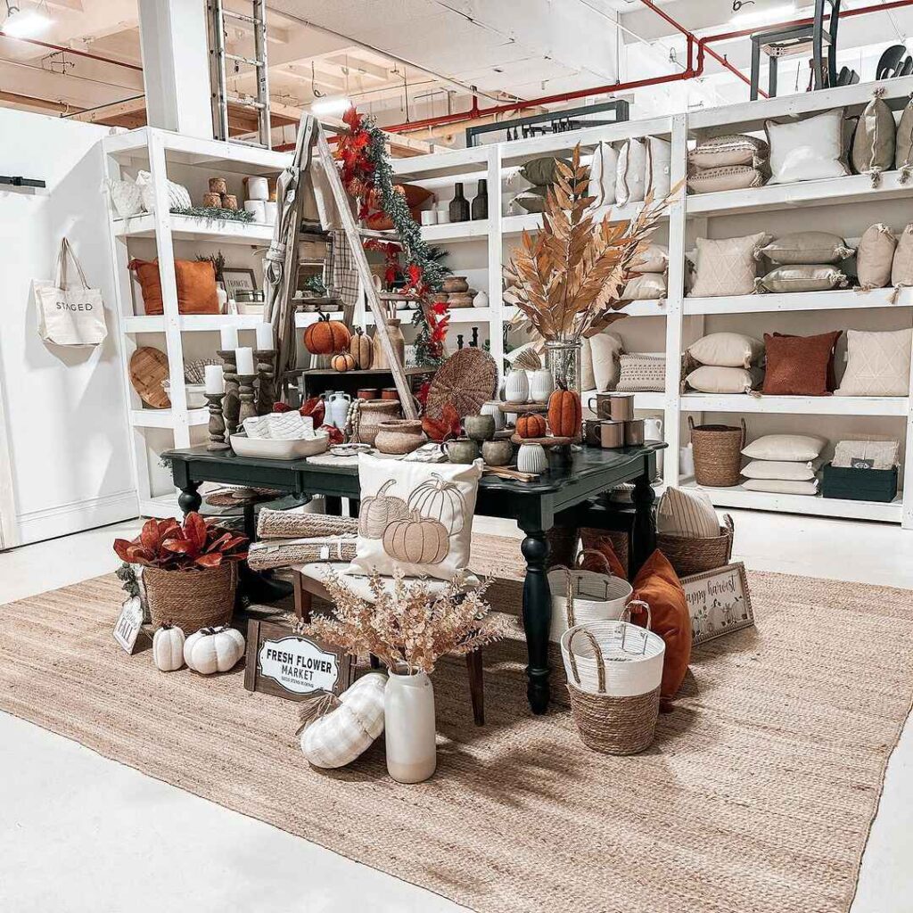 Autumn-themed home decor display with pumpkins and cozy textiles