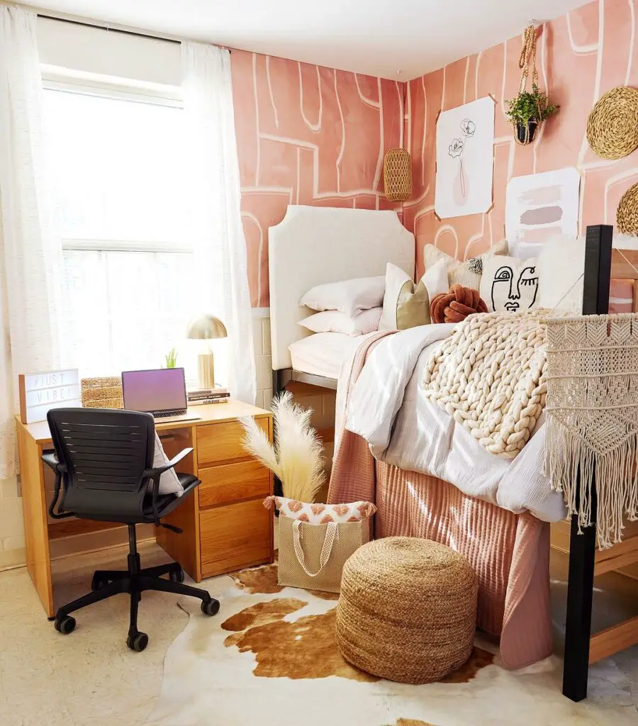 Bohemian dorm room with peach walls and natural decor