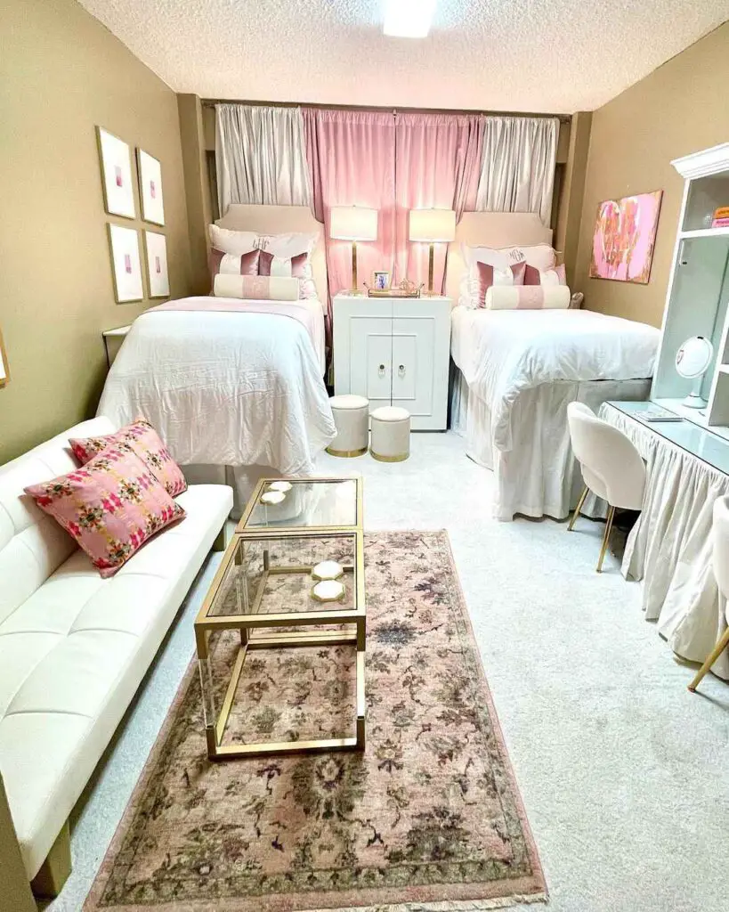Elegant dorm room with twin beds pink accents and gold decor