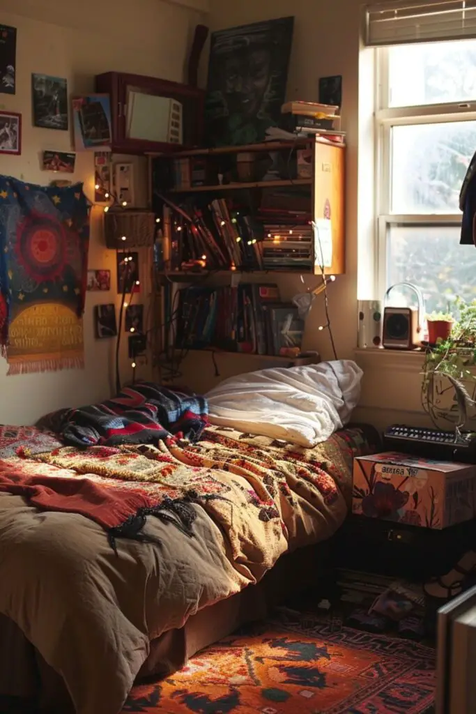 Cozy bohemian dorm room with overflowing bookshelves and colorful bedding