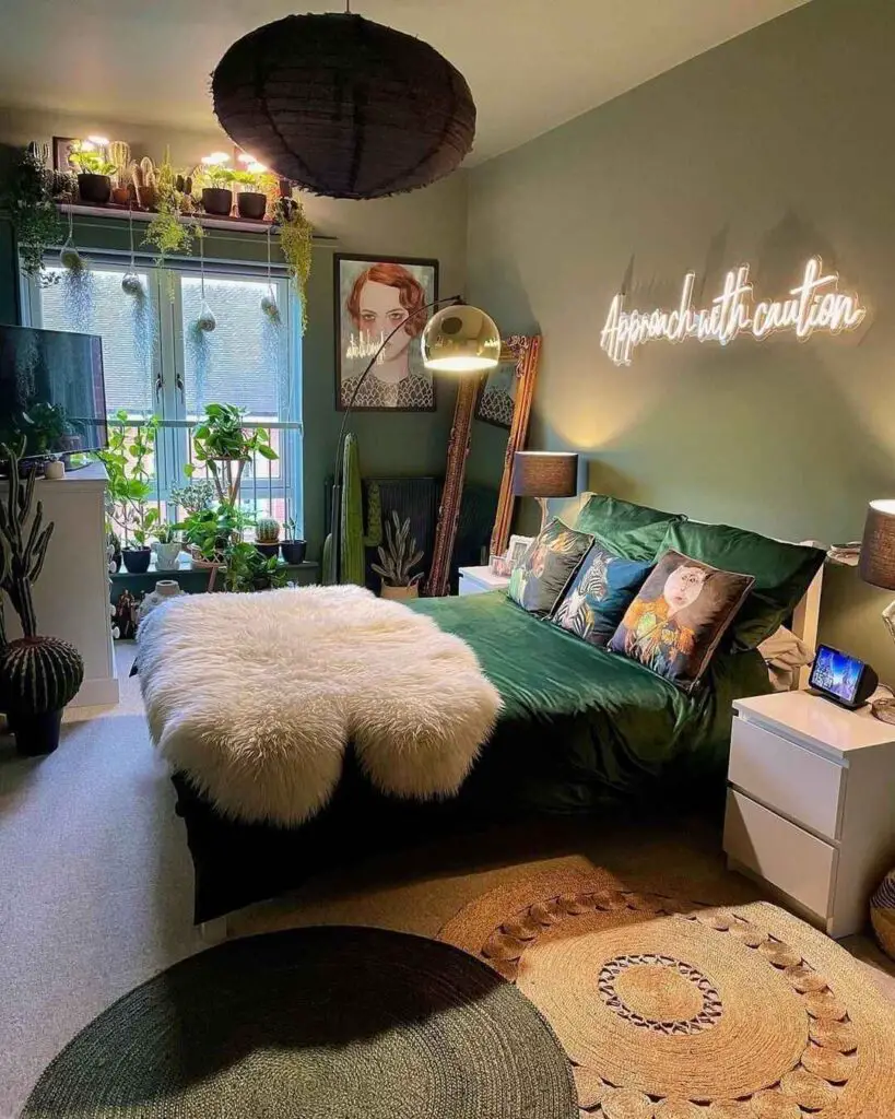 Eclectic green bedroom with plants neon sign and artistic decor