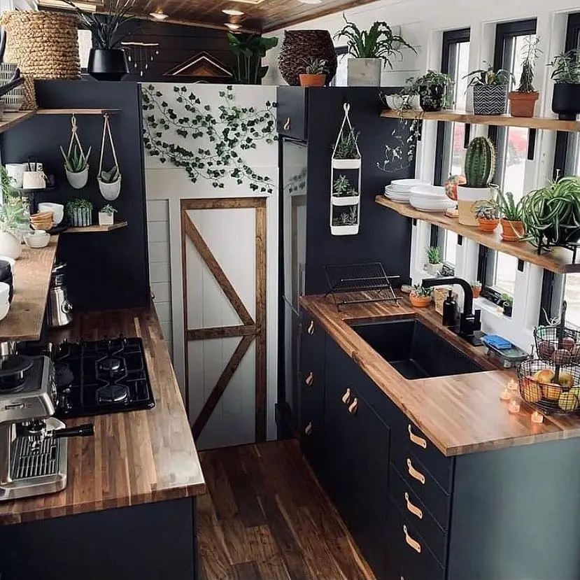 Small black kitchen with wooden countertops and many potted plants