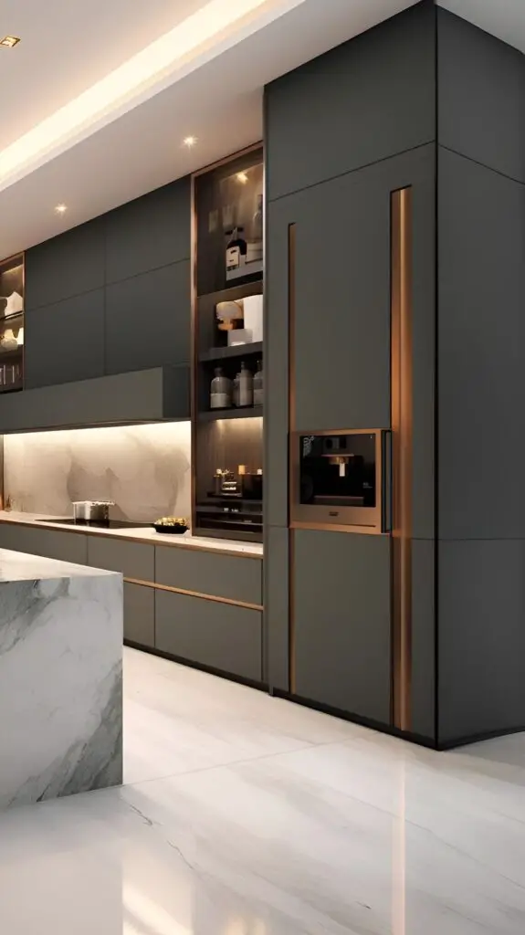 Modern dark kitchen with copper highlights