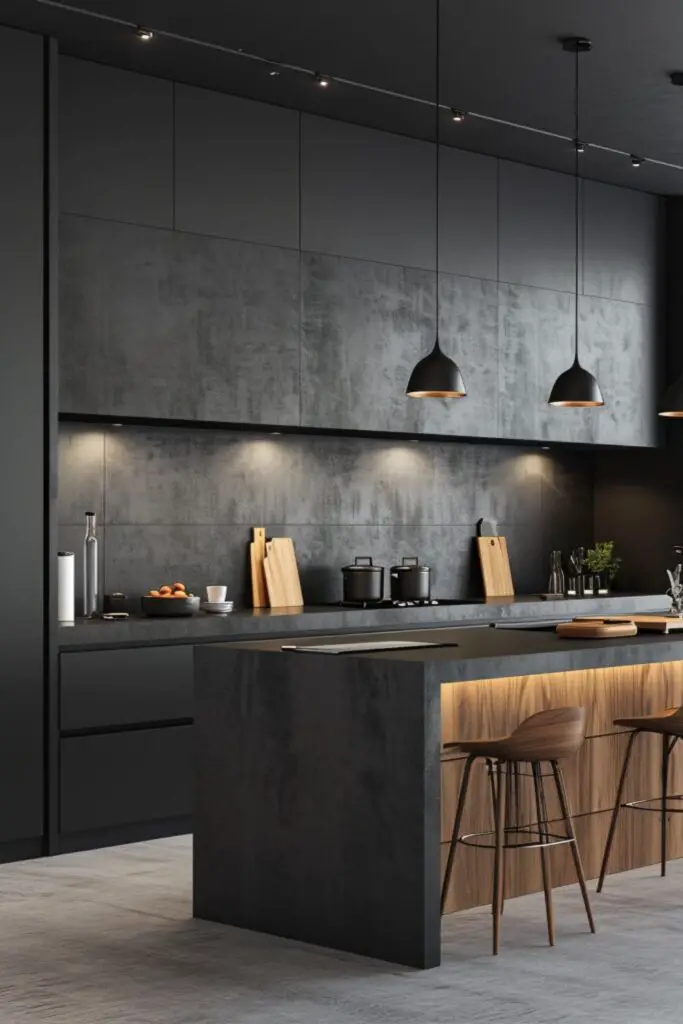 Modern dark kitchen with concrete surfaces and wood accents