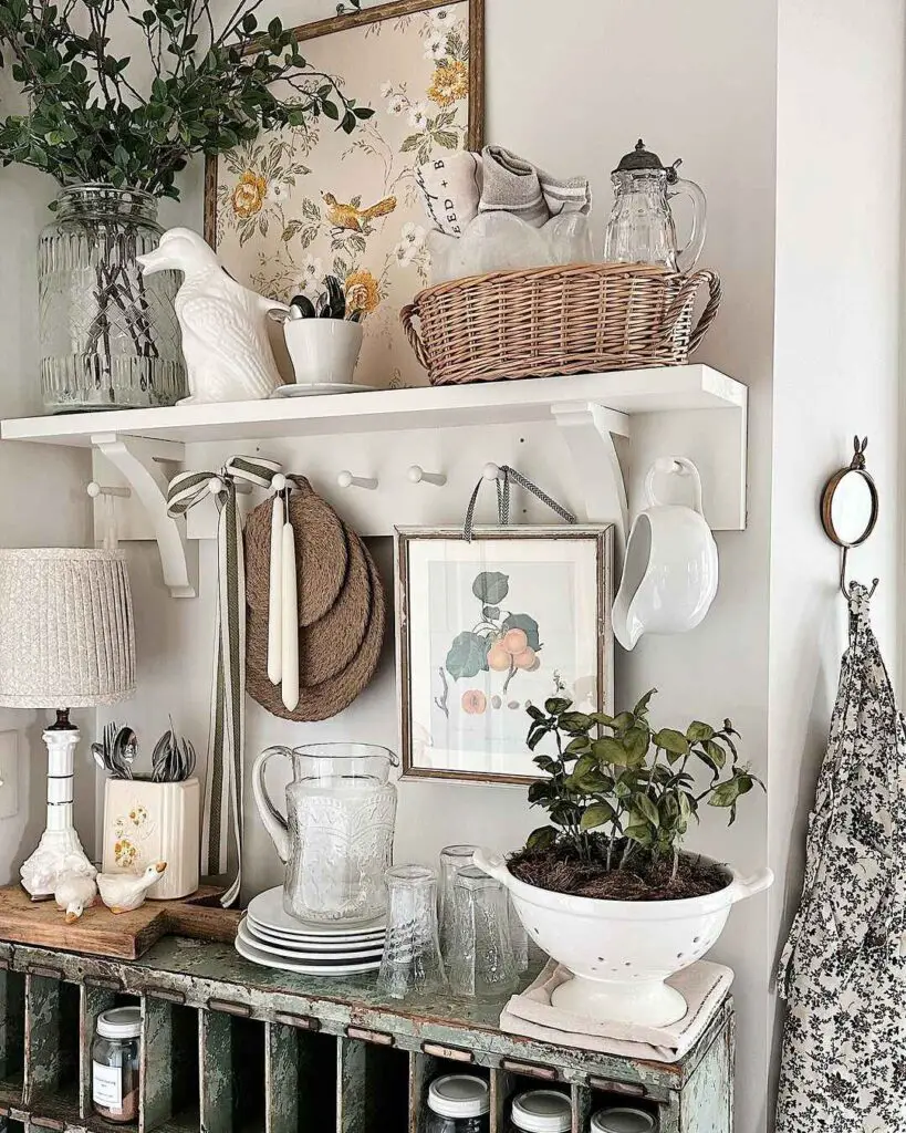 Vintage-inspired kitchen corner with shelves and decor
