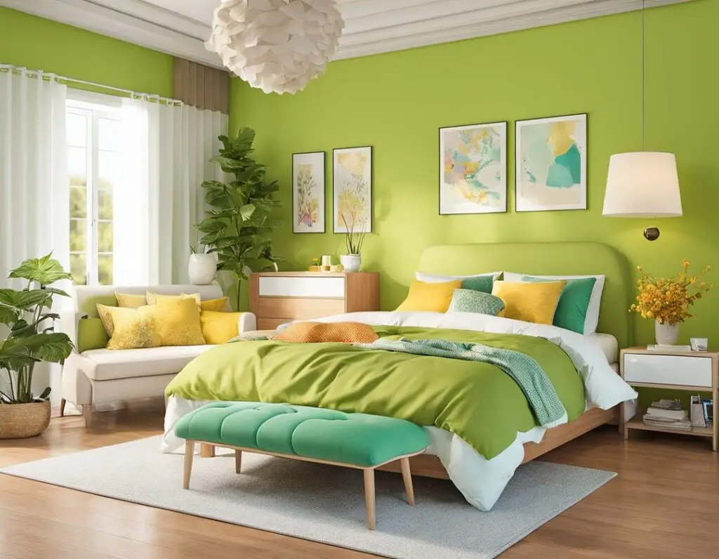 Bright green bedroom with yellow accents and indoor plants