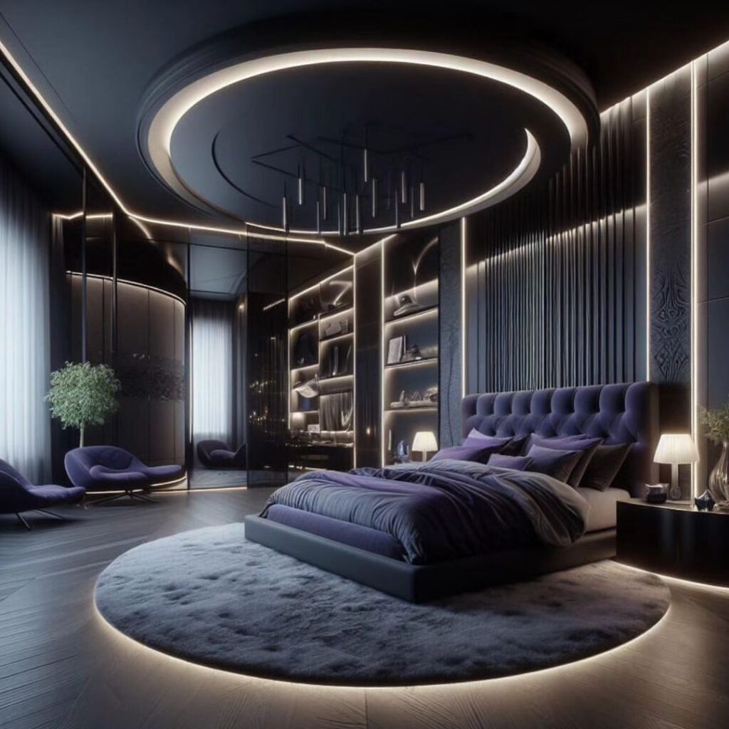 Futuristic dark bedroom with purple bed and lit circular ceiling