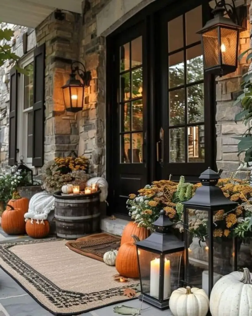 Autumnal front porch with pumpkins and lanterns