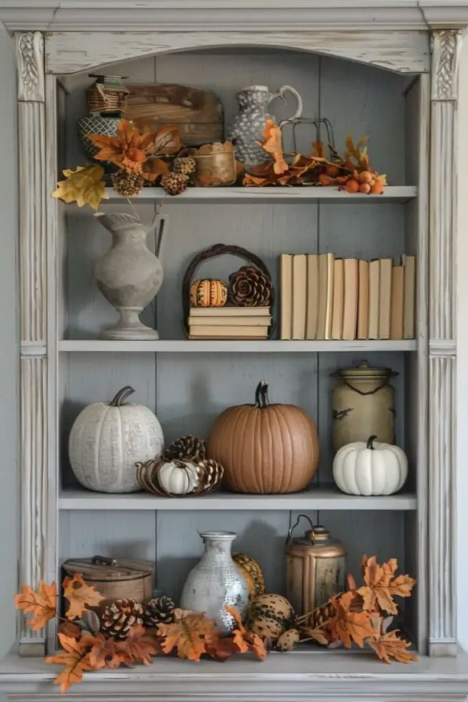 Autumn-themed bookshelf with pumpkins and leaves