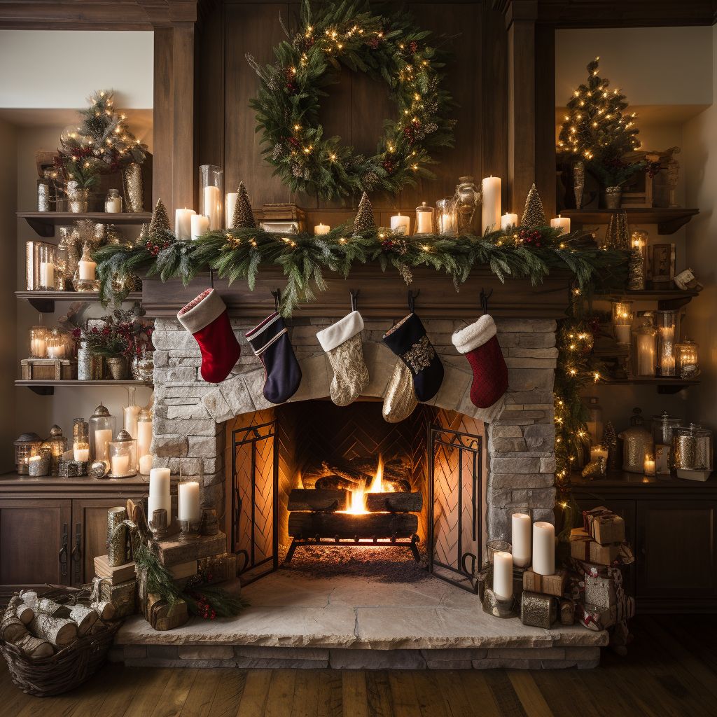 Festive fireplace with stockings garland and glowing candles