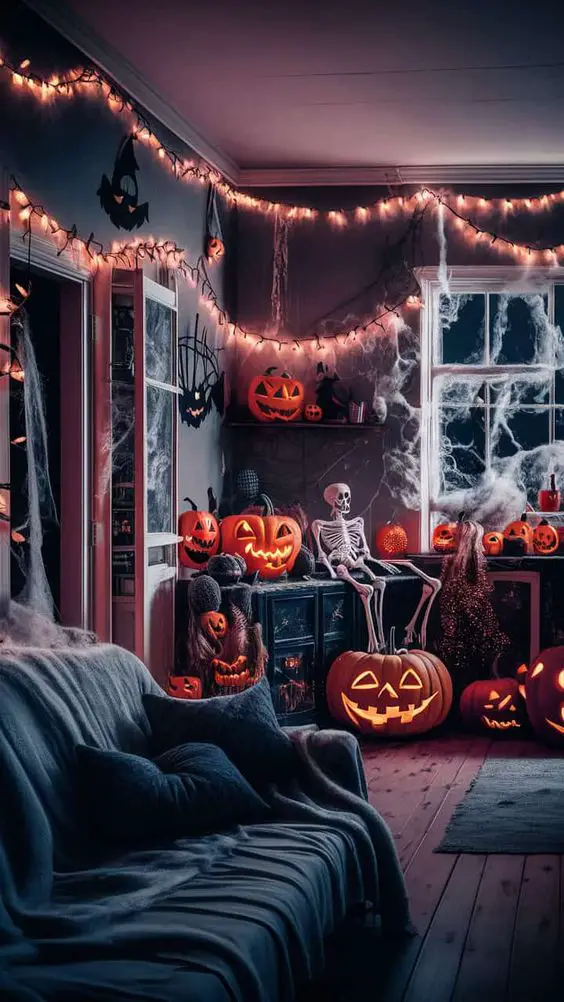 Dimly lit room decorated with pumpkins skeleton and Halloween lights