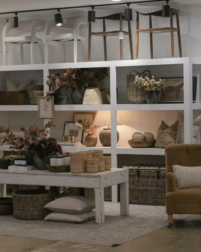 Rustic living room with white shelves displaying neutral decor