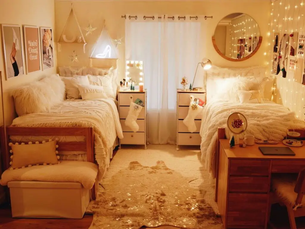 Dorm room with twin beds fairy lights and boho decor