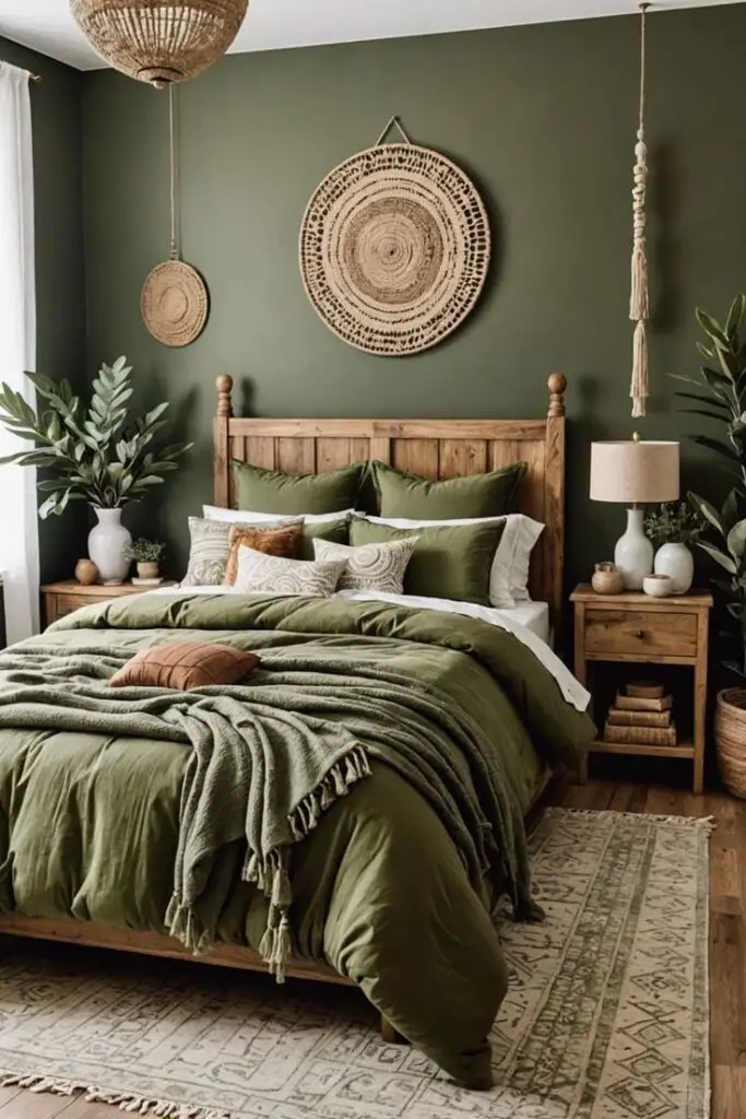 Green bedroom with wooden bed circular wall decor and plants