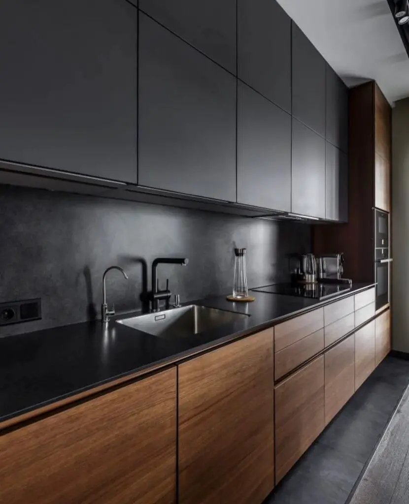 Modern kitchen with black and wood cabinets