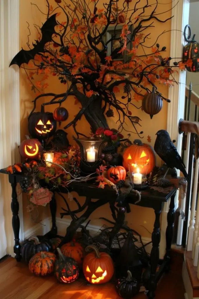 Halloween entryway with spooky tree and glowing pumpkins
