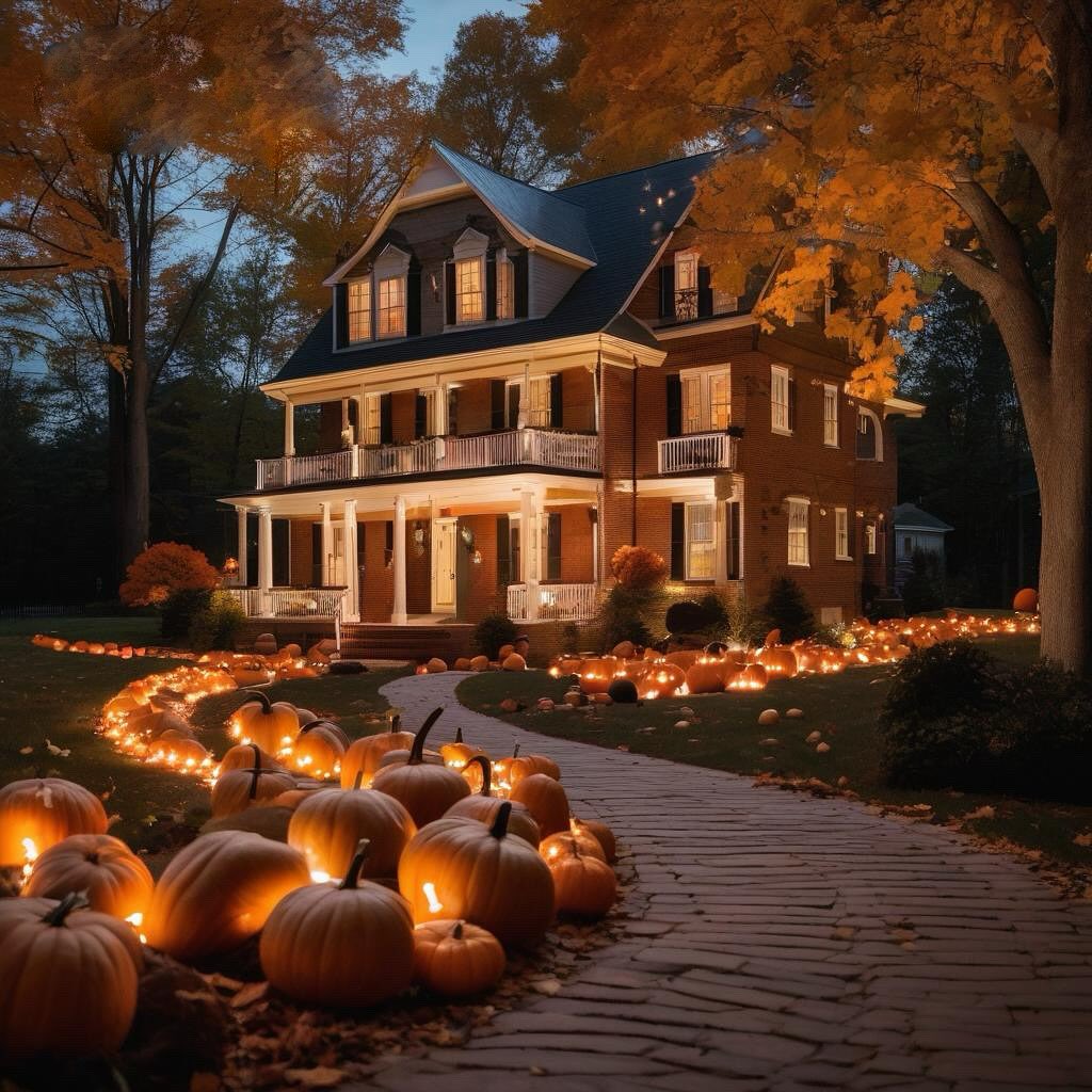 Brick house with pumpkin-lined path glowing at dusk
Share