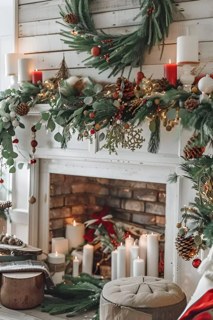 Rustic Christmas mantel with greenery candles and twinkling lights