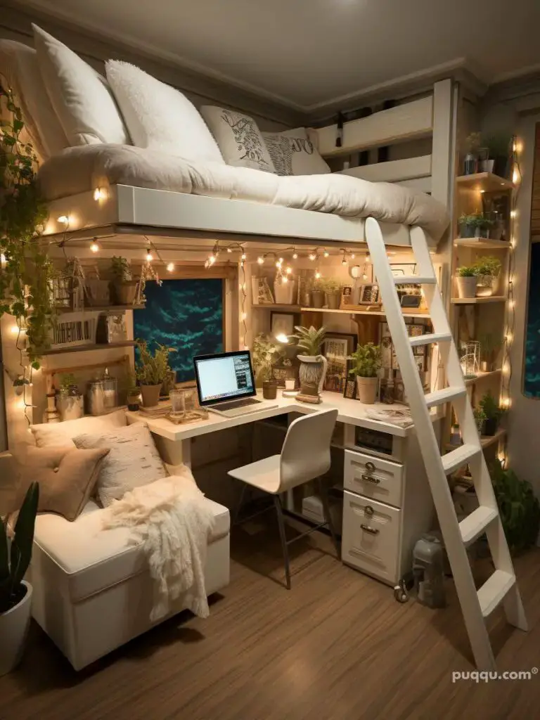 Cozy dorm room with loft bed string lights and plant-filled study area