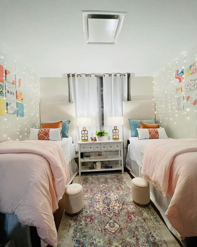Dorm room with twin beds fairy lights and colorful boho decor