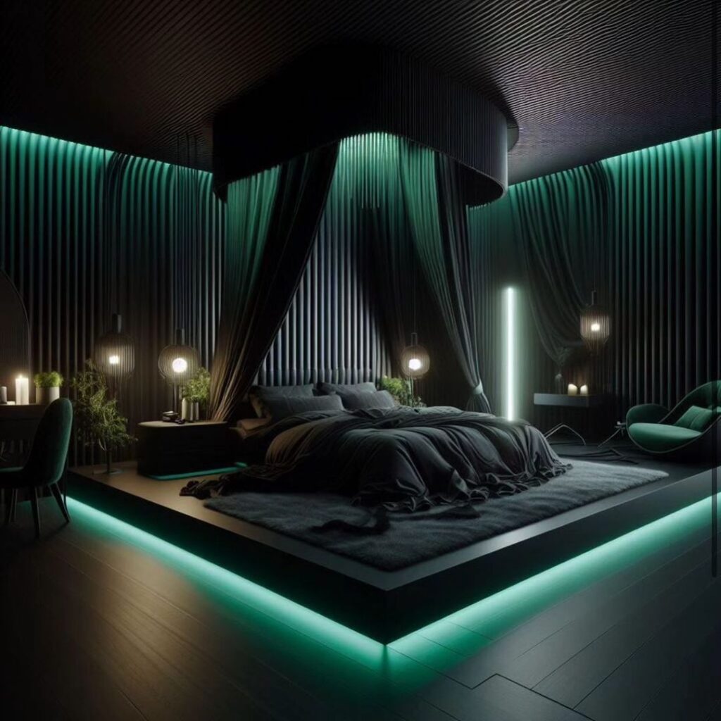 Dark bedroom with green mood lighting and floating bed