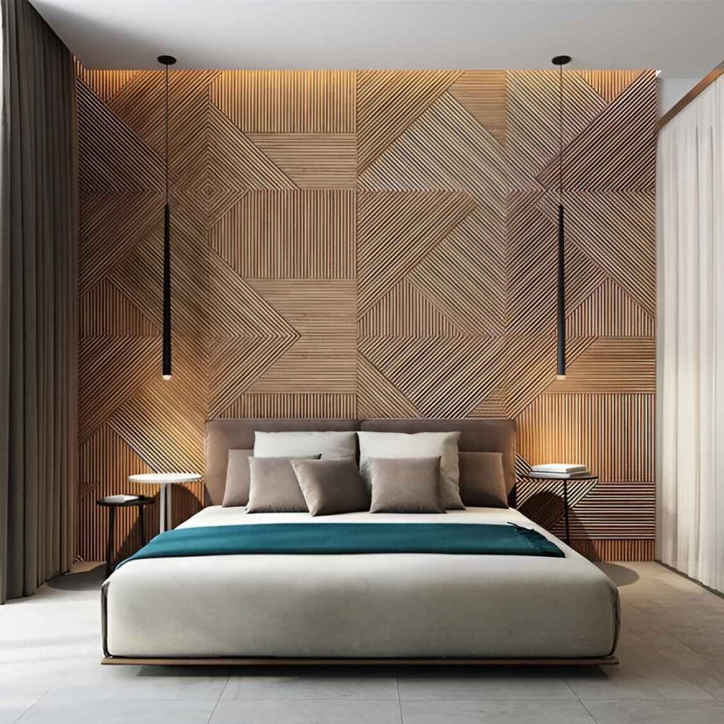 Modern bedroom with geometric wooden wall and floating bed