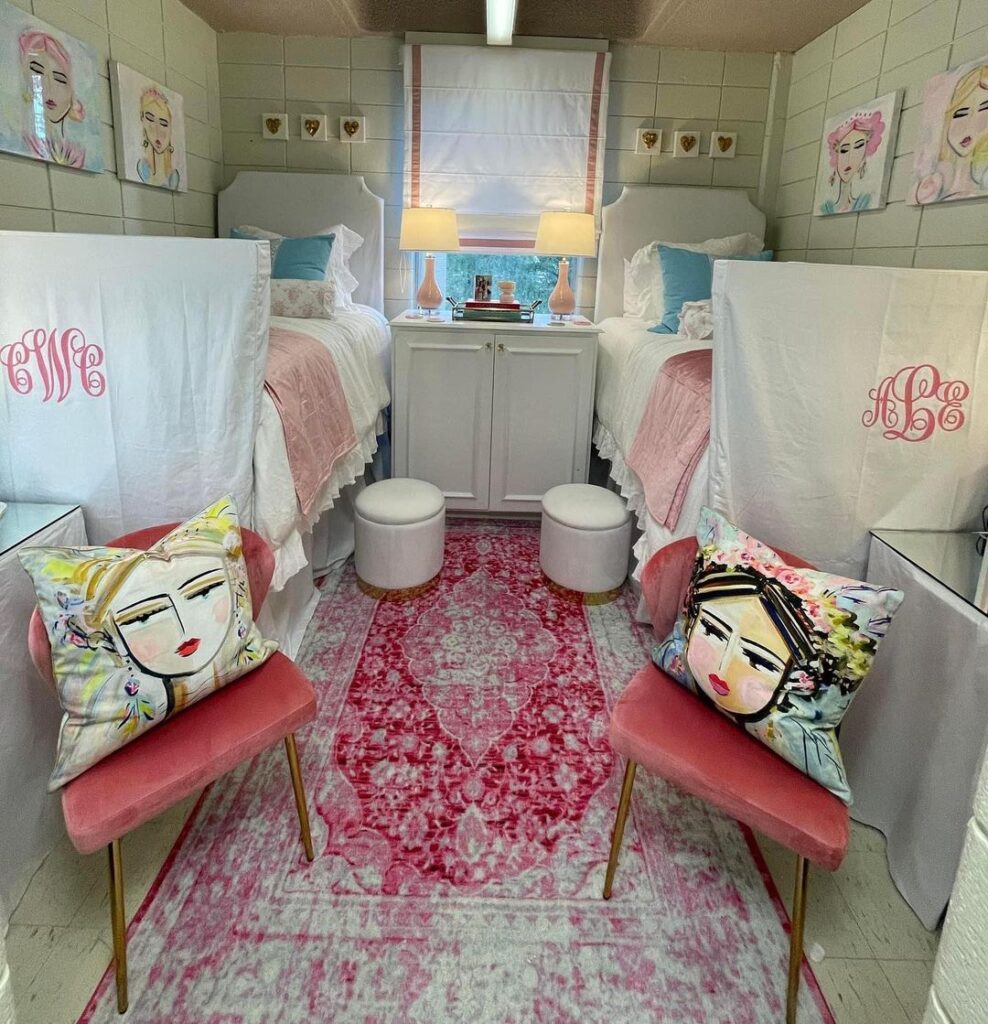 Twin beds pink aqua monograms art pillows
