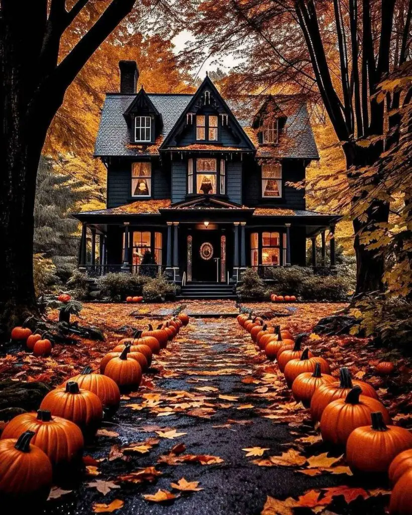 Black Victorian house surrounded by fall foliage and pumpkins
