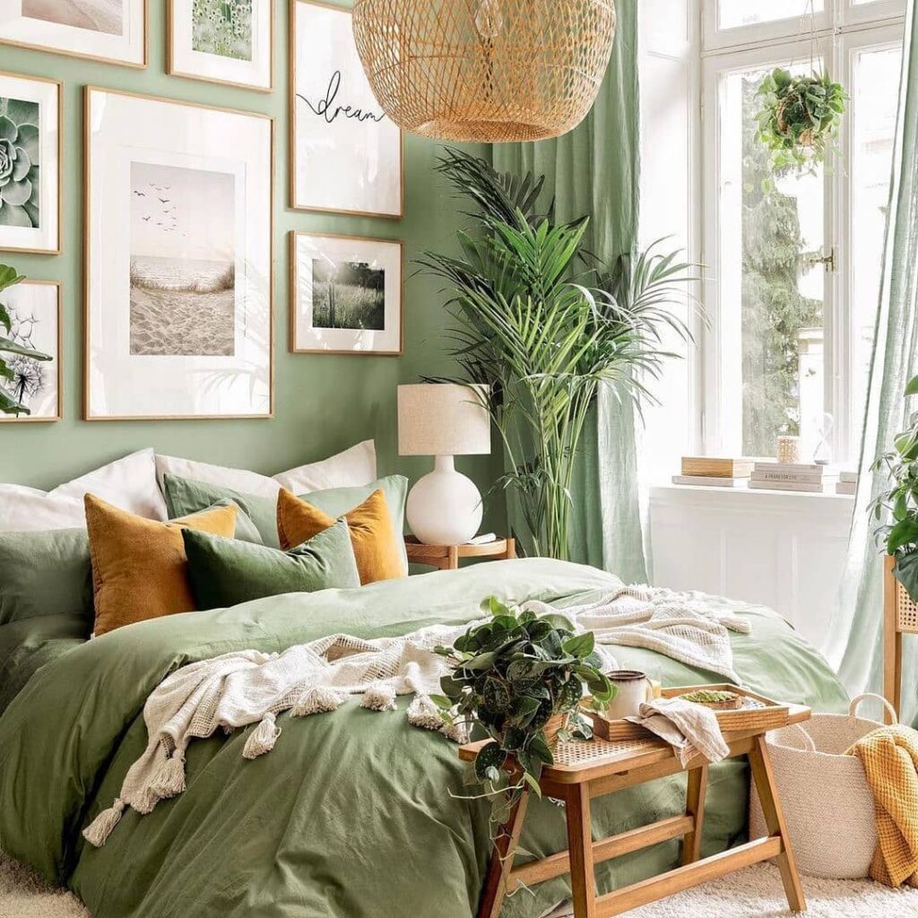 Cozy green bedroom with plants and nature artwork