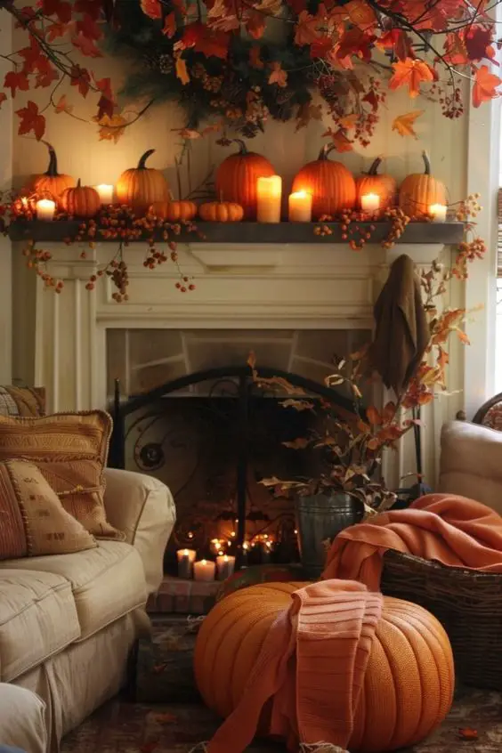 Fireplace mantel decorated with pumpkins candles and fall foliage