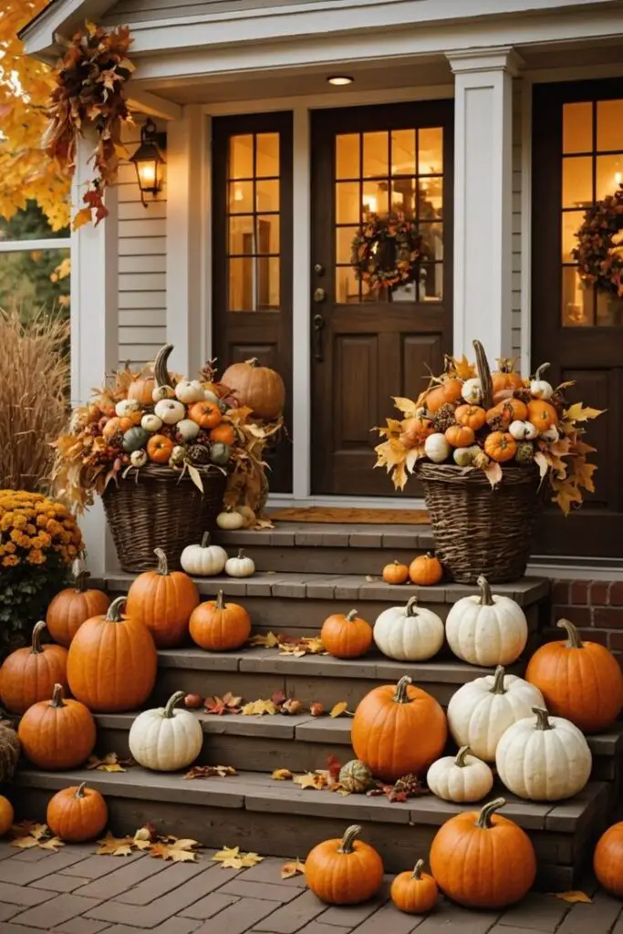 Porch steps covered in pumpkins and fall decor