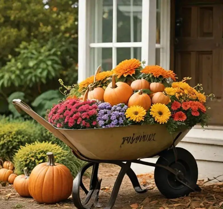 Wheelbarrow filled with pumpkins and fall flowers